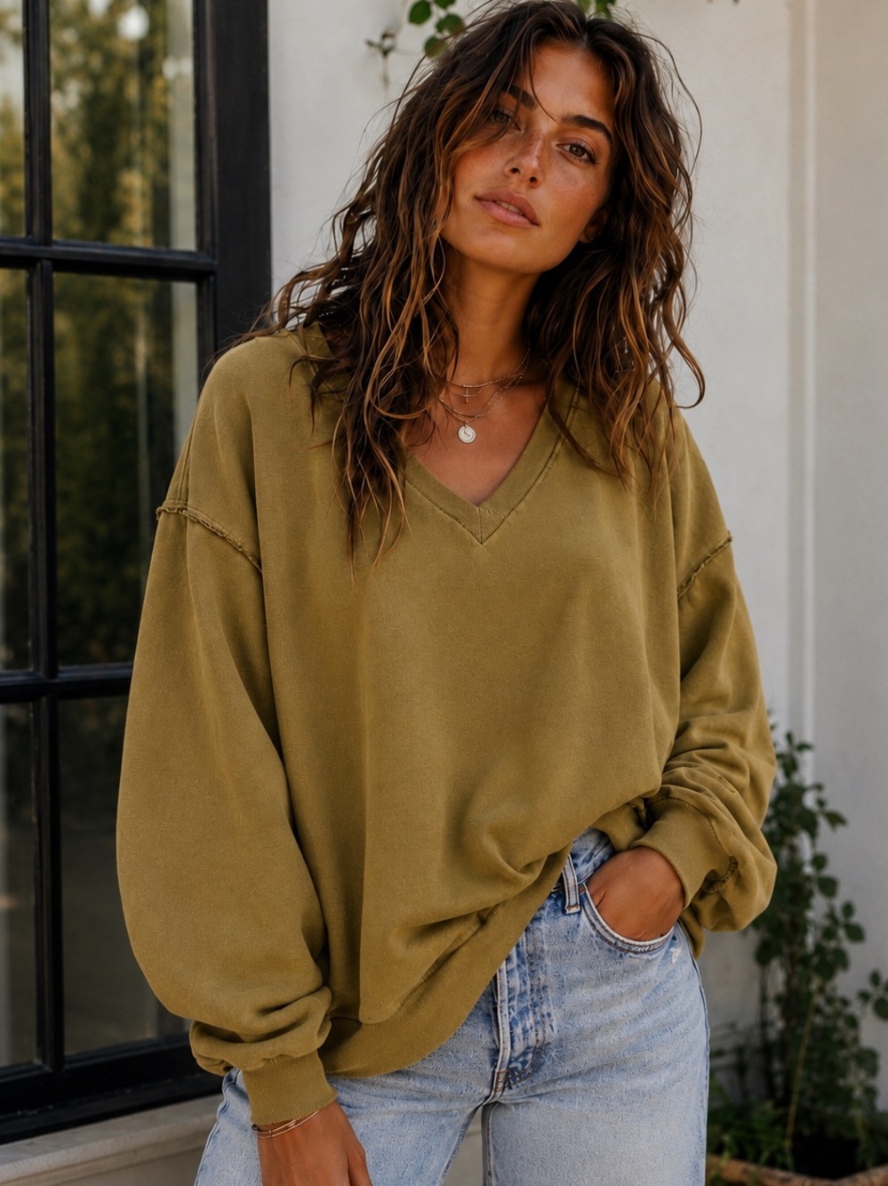 Jackson Rowe Oversized Olive Mustard V-Neck Raw Edge Sweatshirt